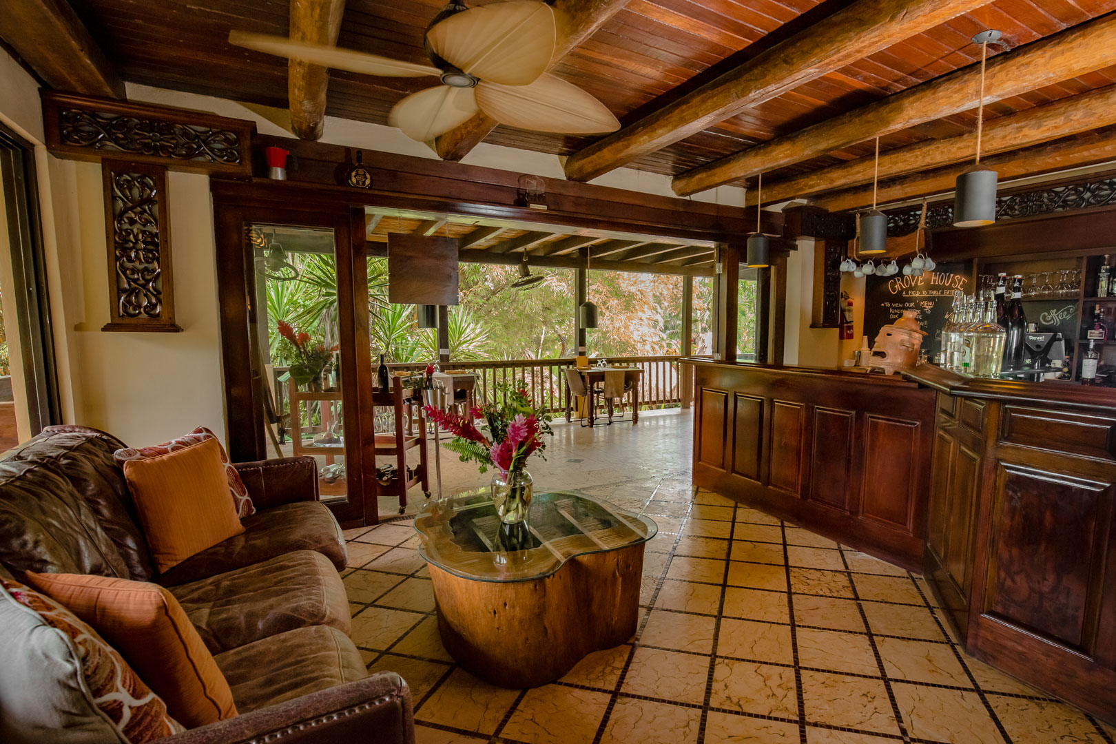 The inside of the Grove House Restaurant at The Rainforest Lodge at Sleeping Giant Resort