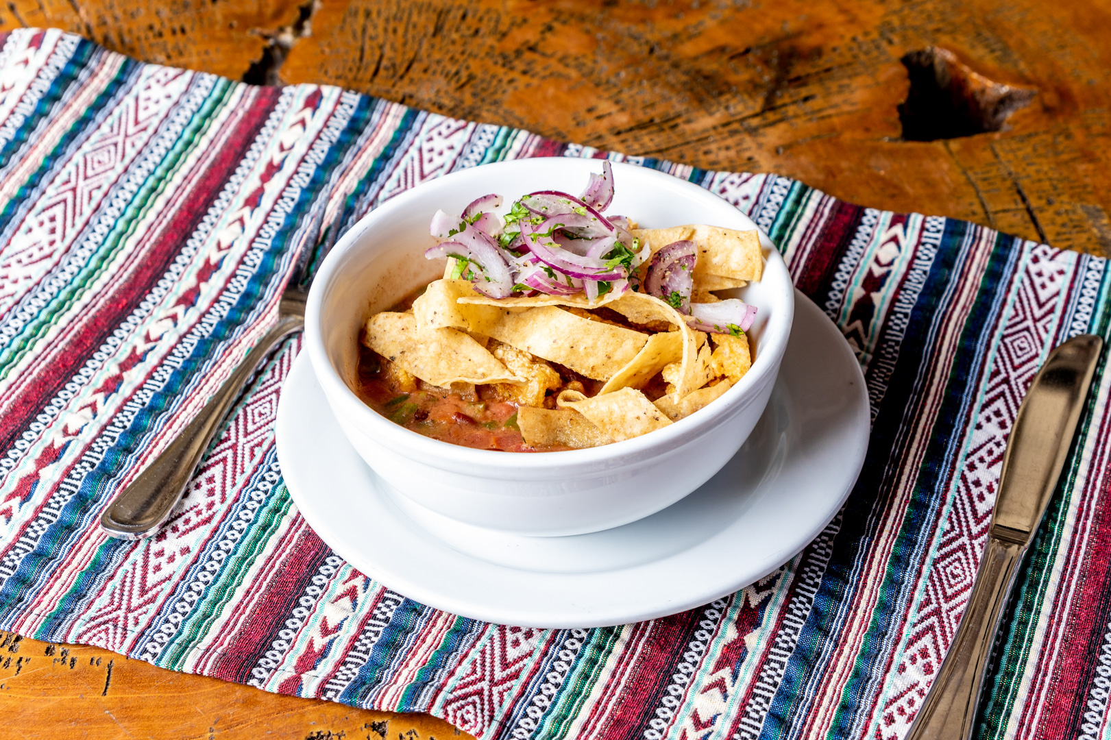 A bowl of tortilla soup from the Grove House Restaurant at The Rainforest Lodge at Sleeping Giant